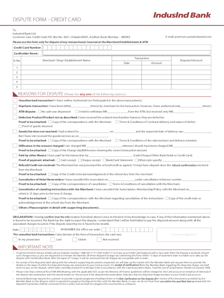  Indusind Bank Dispute Form Fill and Sign Printable Template 2021-2024