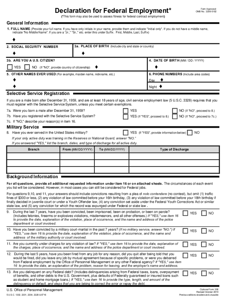  Declaration for Federal Employment, Optional Form 306 OPM 2019