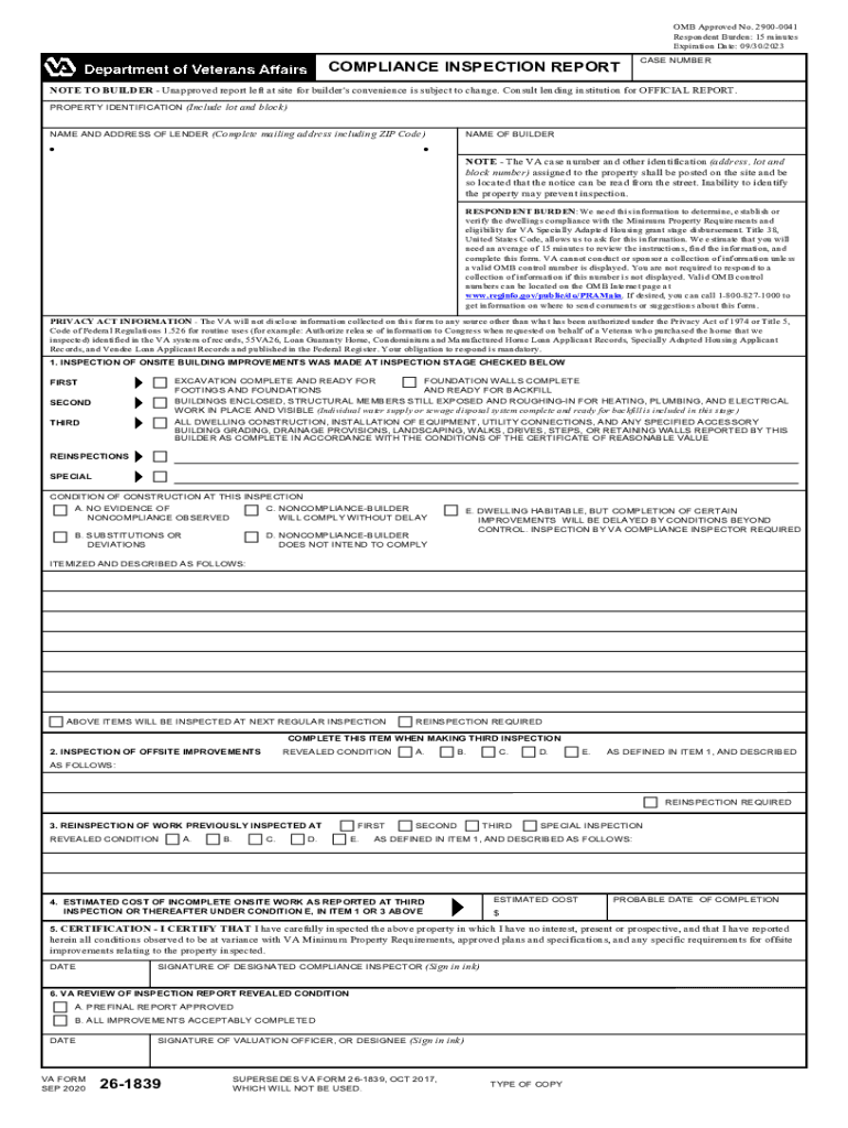  VA Form 26 1839 COMPLIANCE INSPECTION REPORT 2020-2024