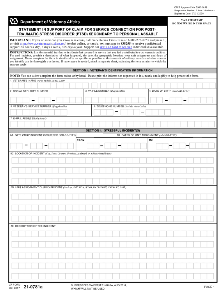 VA Form 21 0781a Statement in Support of Claim for Post Traumatic Stress Disorder PTSD Secondary to Personal Assault 2017