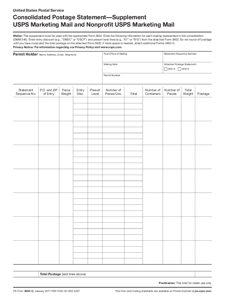  PS Form 3602 R 'Postage Statement USPS Marketing Mail' 2017