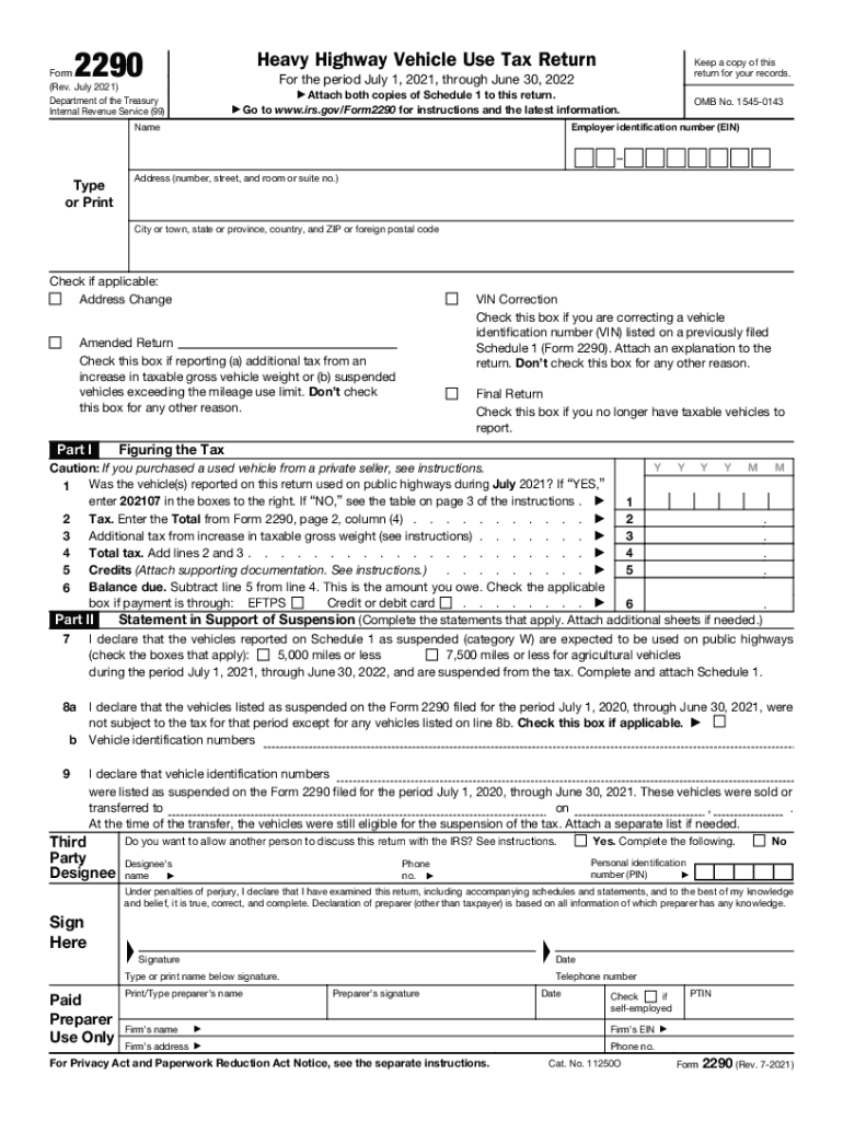  Form 2290 Rev July Heavy Highway Vehicle Use Tax Return 2021