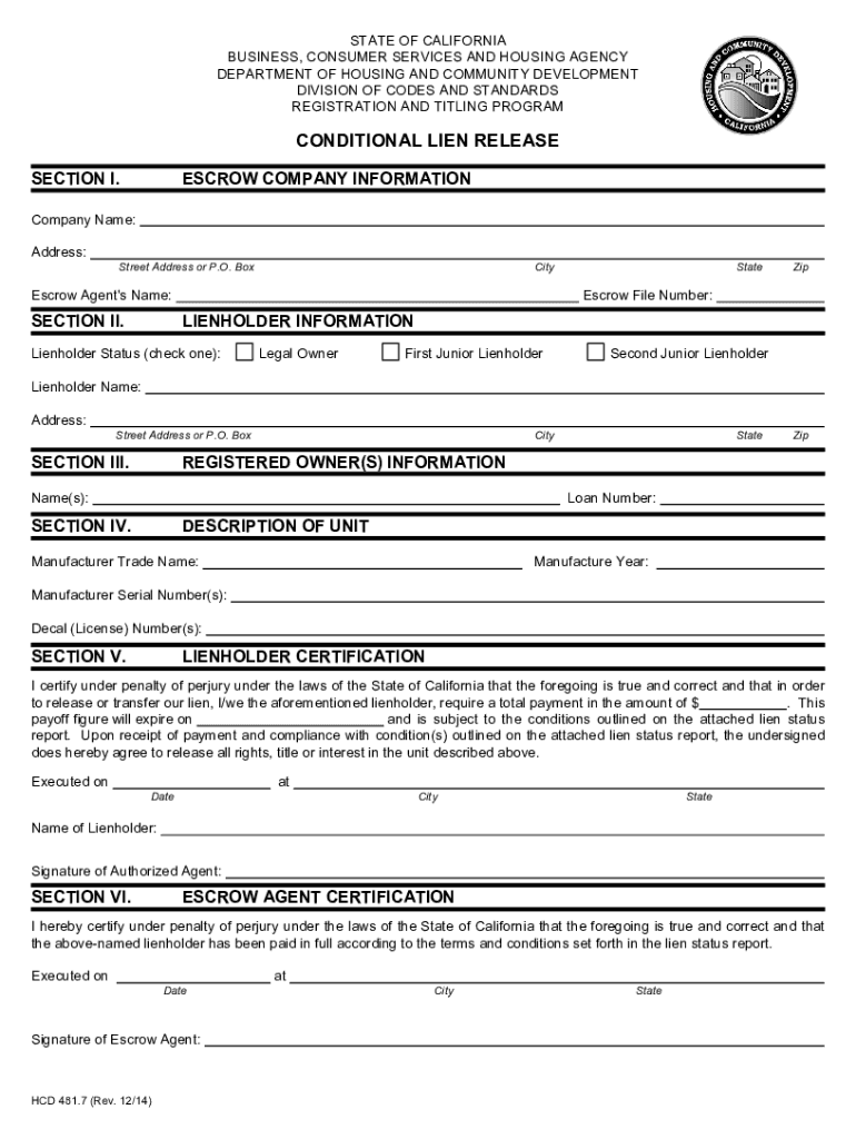 California Conditional Lien Release  Form