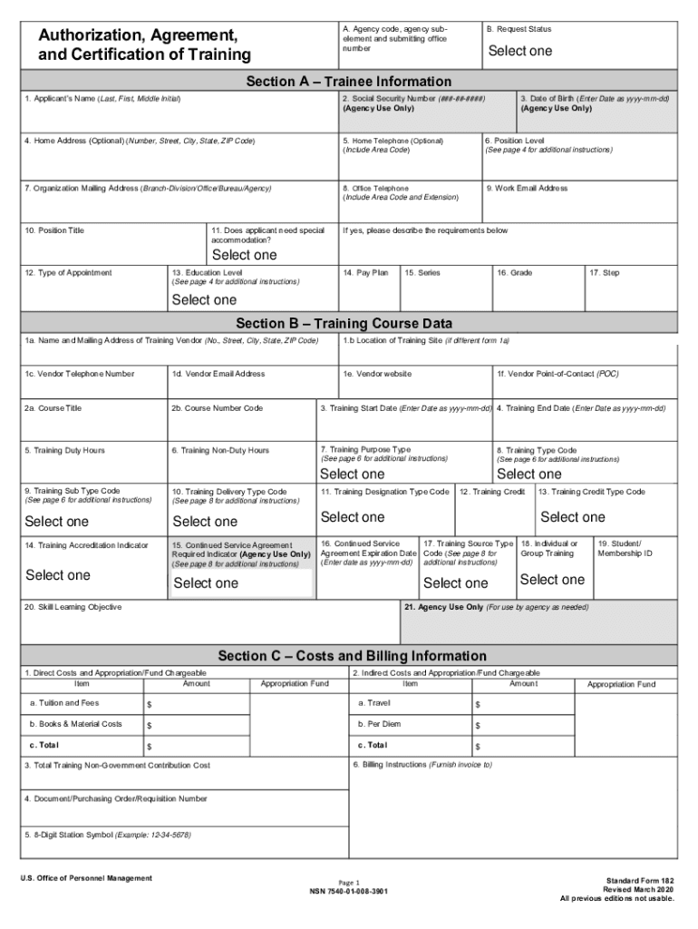  Authorization, Agreement, and Certification of Training Form Standard Form 182; Revised March ; All Previous Editions Not Usable 2020-2024