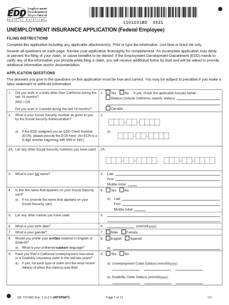  Unemployment Insurance Application Federal Employee DE 1101IBD 2021-2024