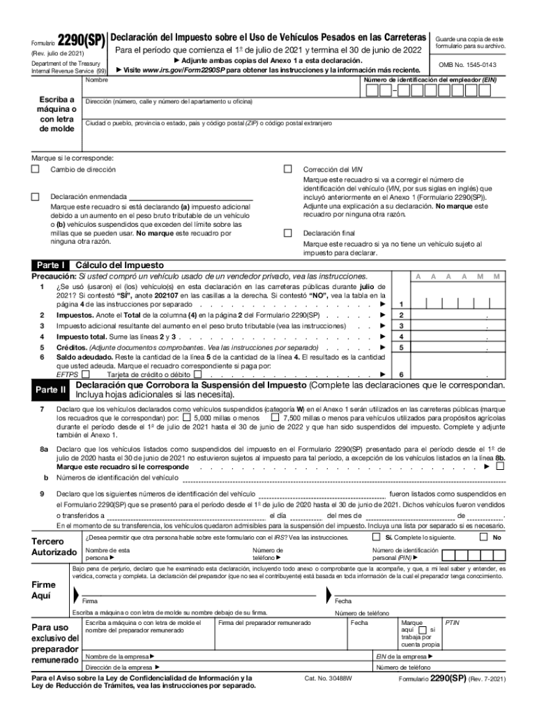  Form 2290SP Rev July Heavy Vehicle Use Tax Return Spanish Version 2021