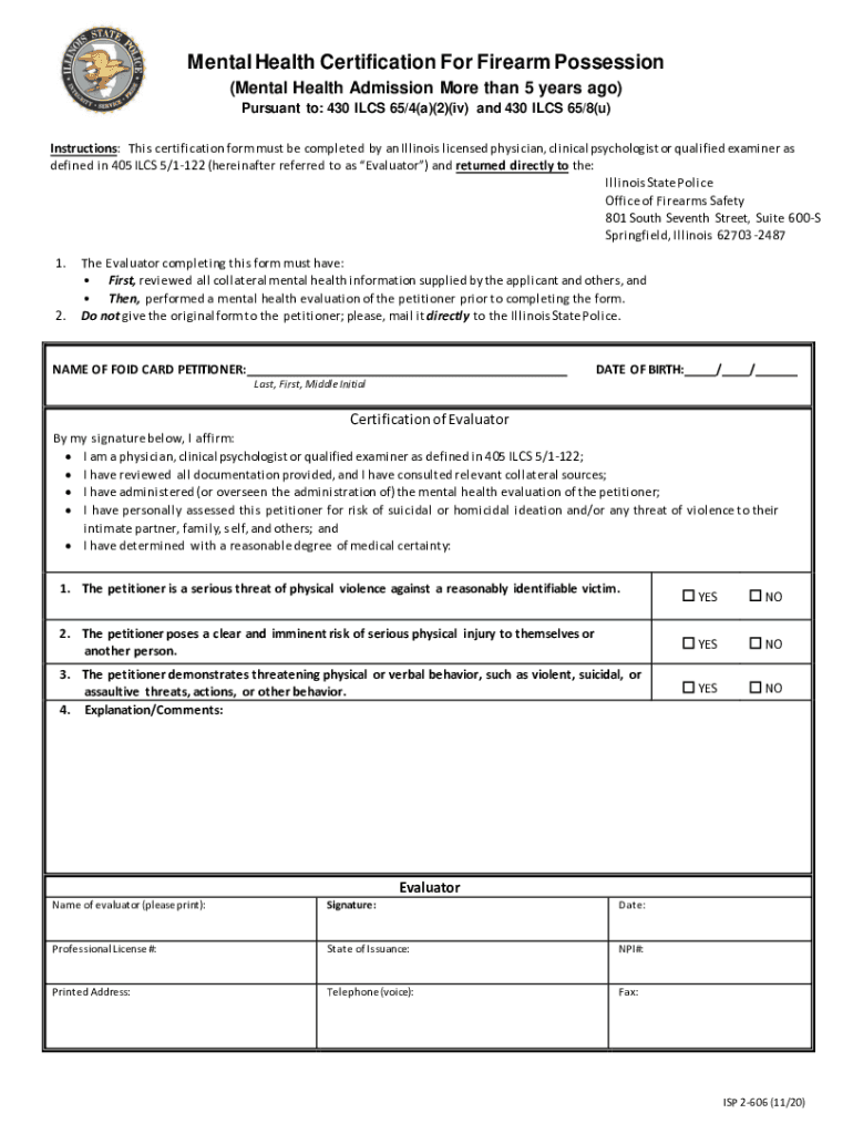 Mental Health Certification for Firearm Possession  Form