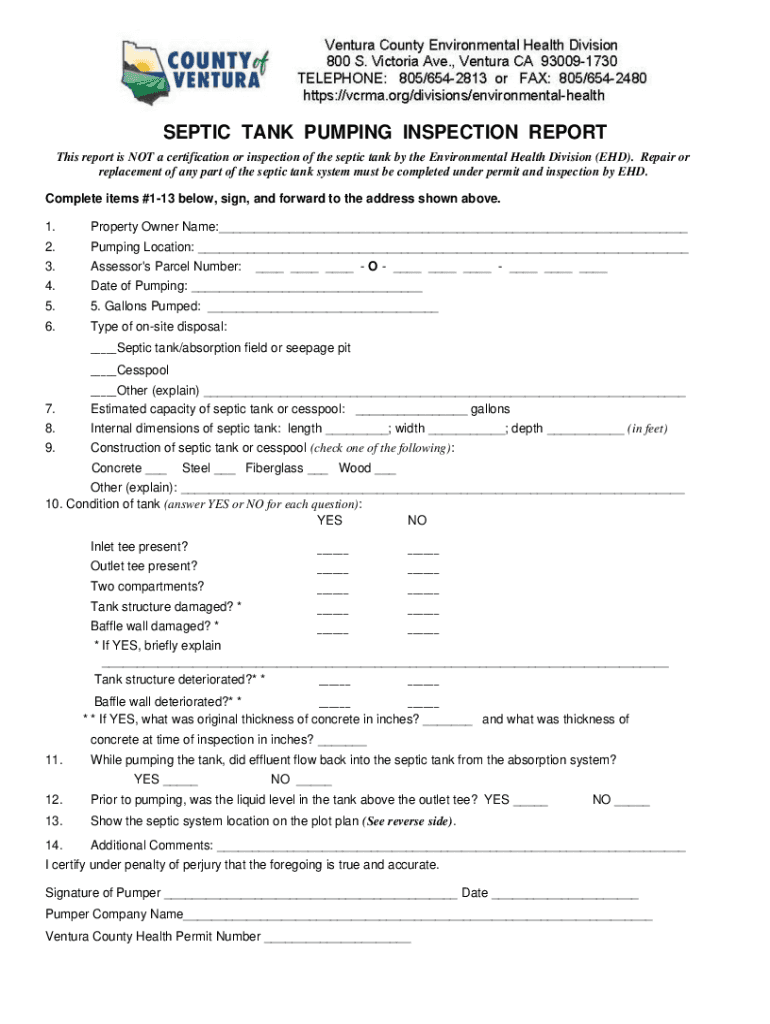  SEPTIC TANK PUMPING INSPECTION REPORT County of Ventura 2011-2024