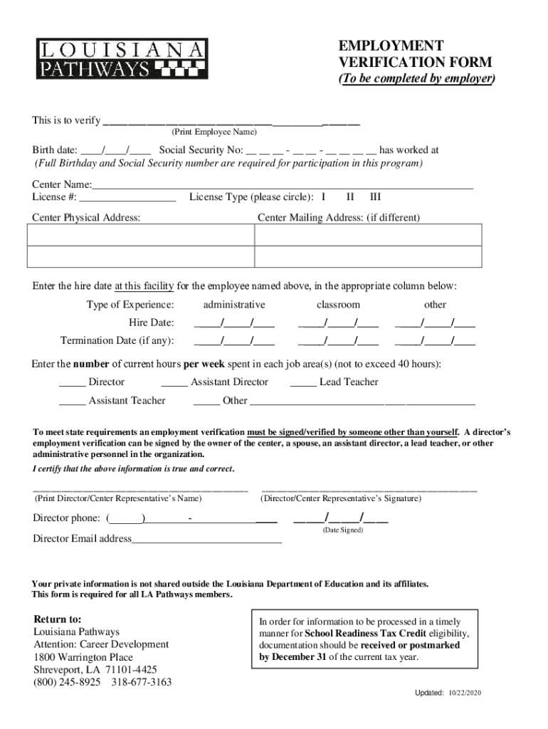 EMPLOYMENT VERIFICATION FORM to Be Completed by Employer