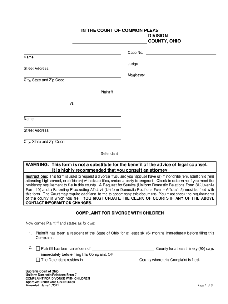  Uniform Domestic Relations Form 7 Complaint for Divorce with Children 2021-2024