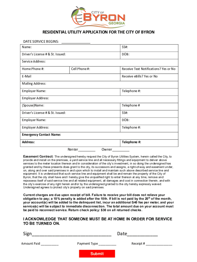 RESIDENTIAL UTILITY APPLICATION for the CITY of BYRON  Form