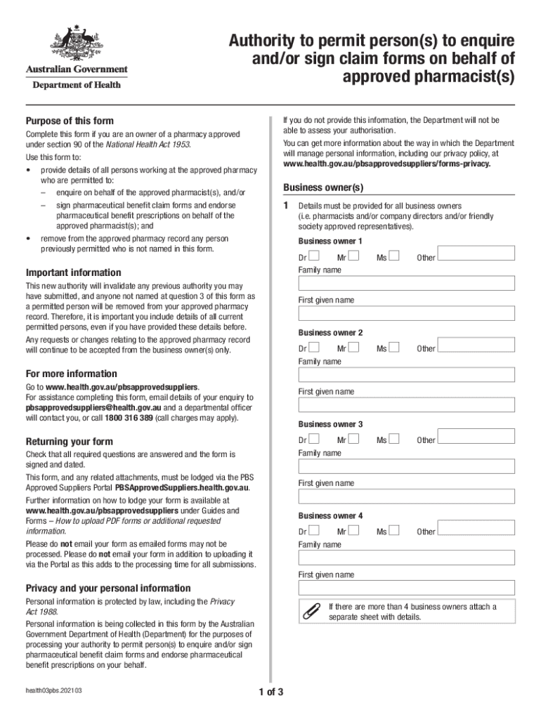 Authority to Permit Persons to Enquire Andor Sign Claim Forms on Behalf of Approved Pharmacists Authority to Permit Persons to E