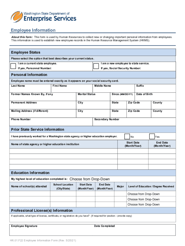 About This Form This Form is Used by Human Resources to Collect New or Changing Important Personal Information from Employees