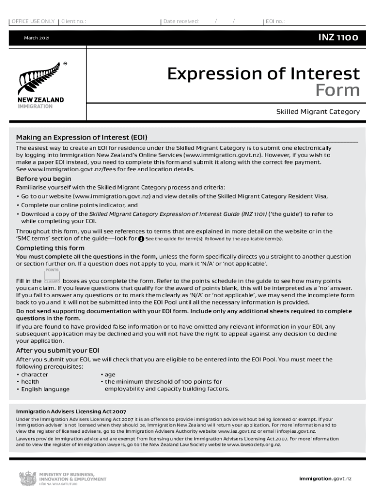  INZ 1100 Expression of Interest Form Skilled Migrant Category 2021