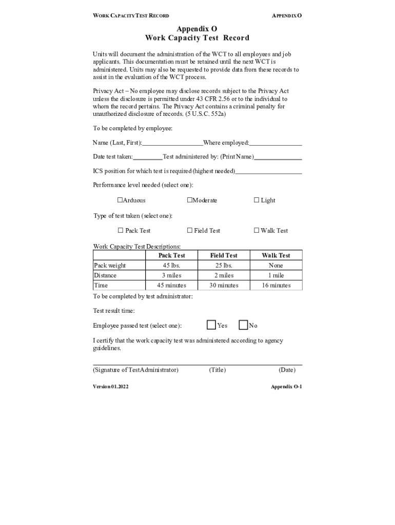 Work Capacity Test Record  Form
