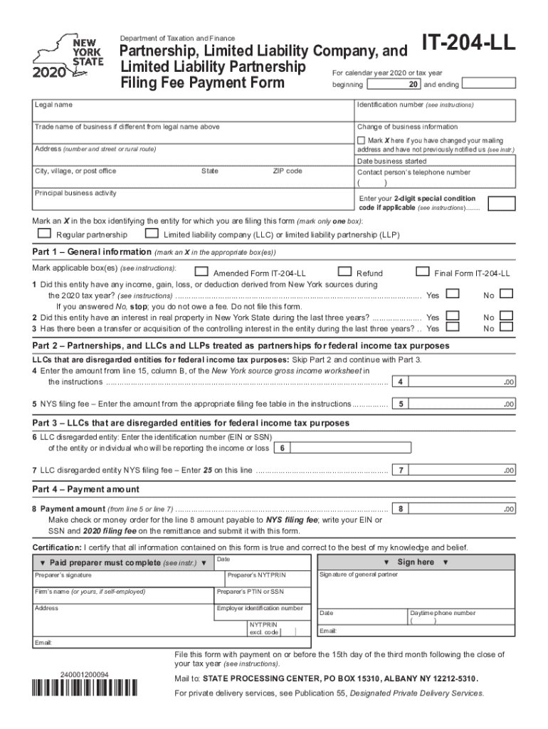  Form it 204 LL Partnership, Limited Liability Company, and Limited Liability Partnership Filing Fee Payment Form Tax Year 2020-2024