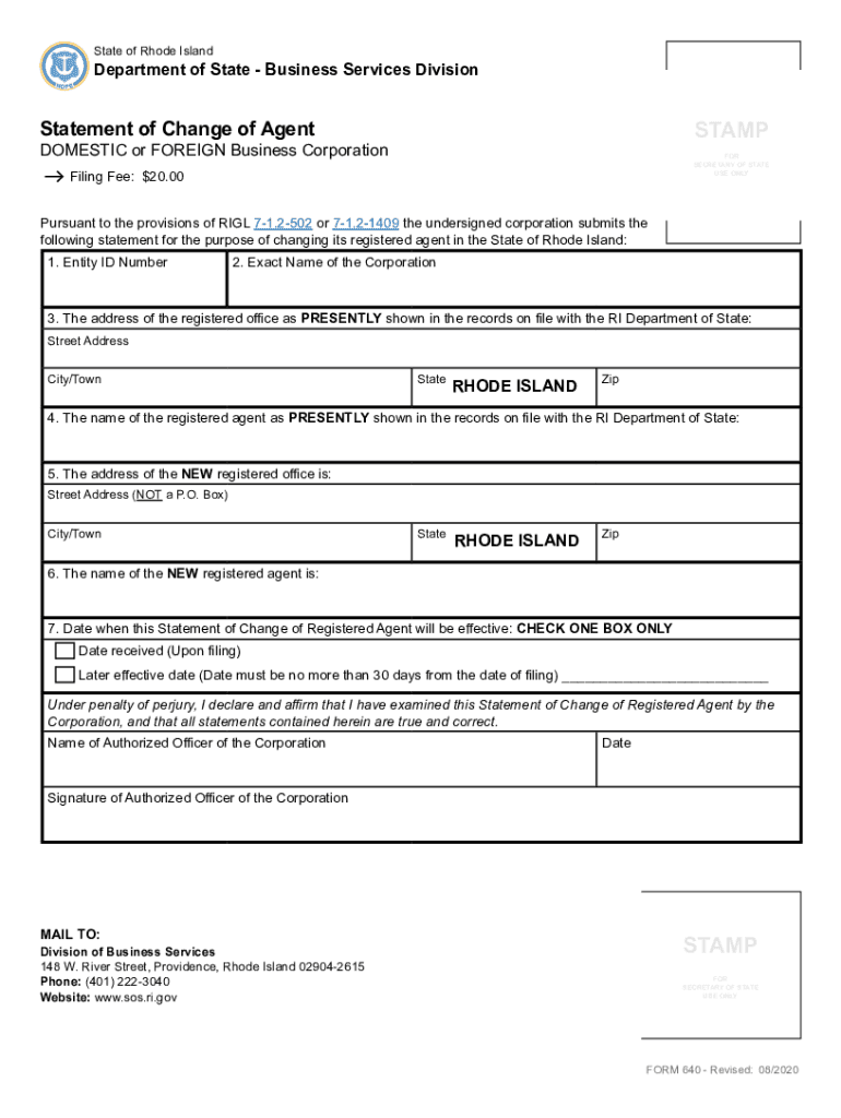 Rhode Island Secretary State Agent  Form