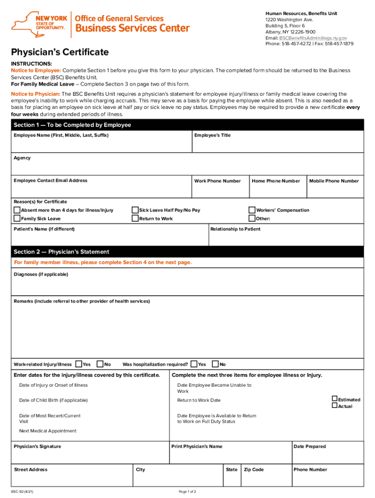 Physician's Certificate BSC B2  Form