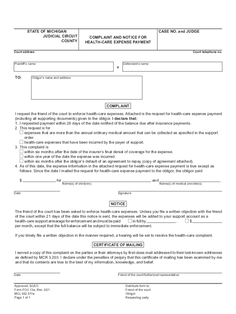 FOC 13a, Complaint and Notice for Health Care Expense Payment  Form