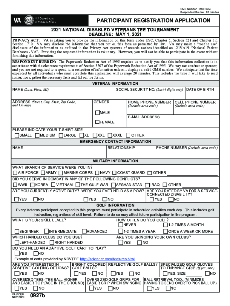  VA Form 0927b 'Participant Registration Application' 2020-2024