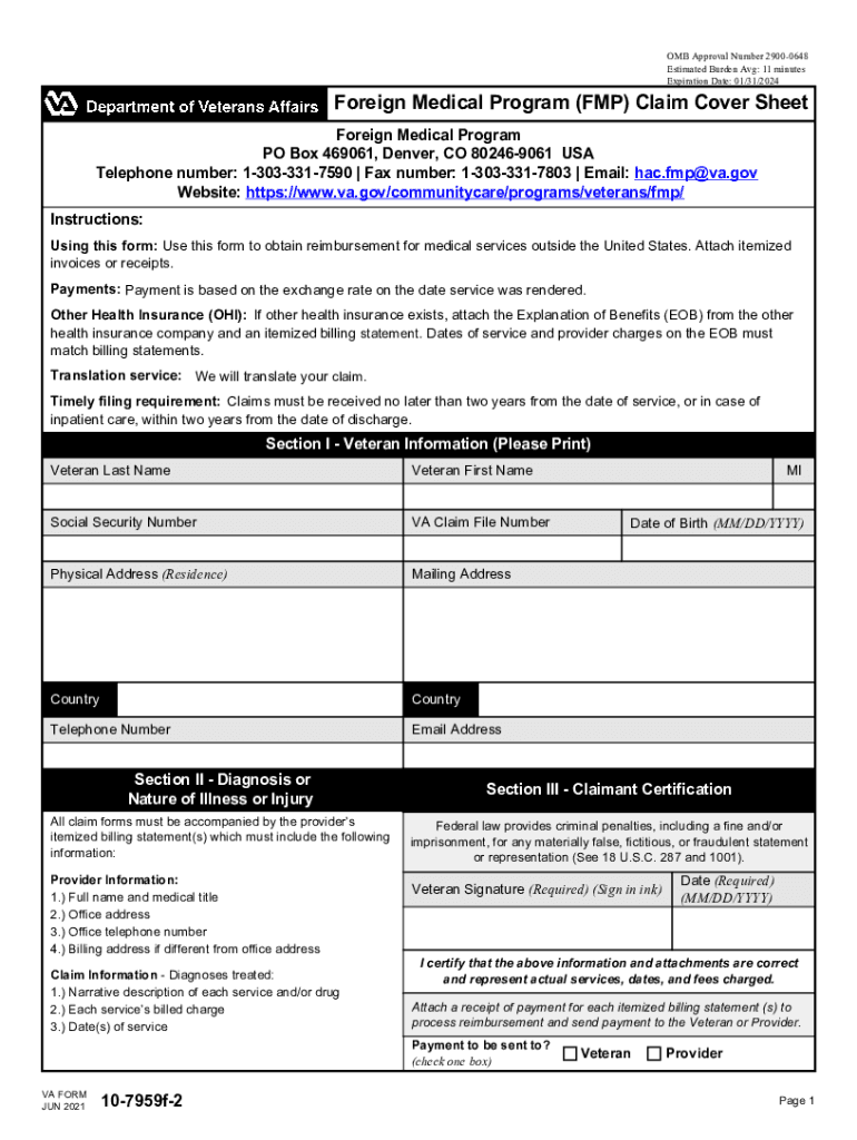  CLAIM COVER SHEETFOREIGN MEDICAL PROGRAM FMP VA Health 2021-2024