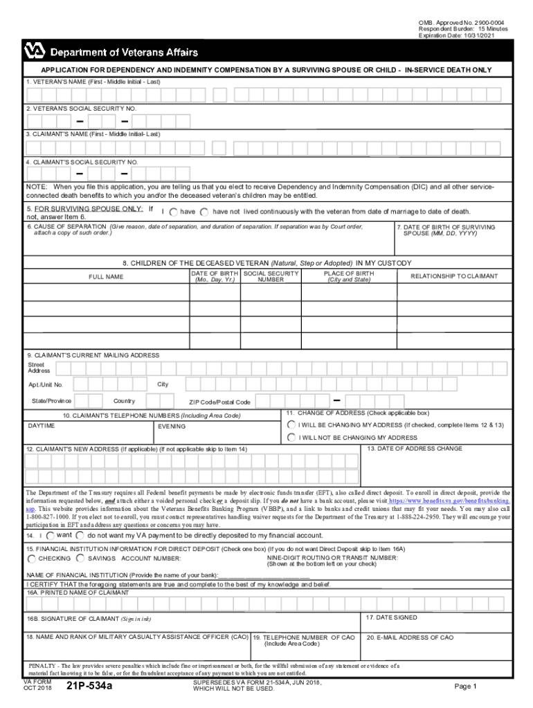  VA FORM 21P 534a Application for Dependency & Indemnity Compensation by a Surviving Spouse or Child in Service Death Onl 2018-2024