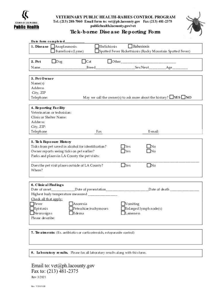 Tick Borne Disease Reporting Form for Animals in Los Angeles County