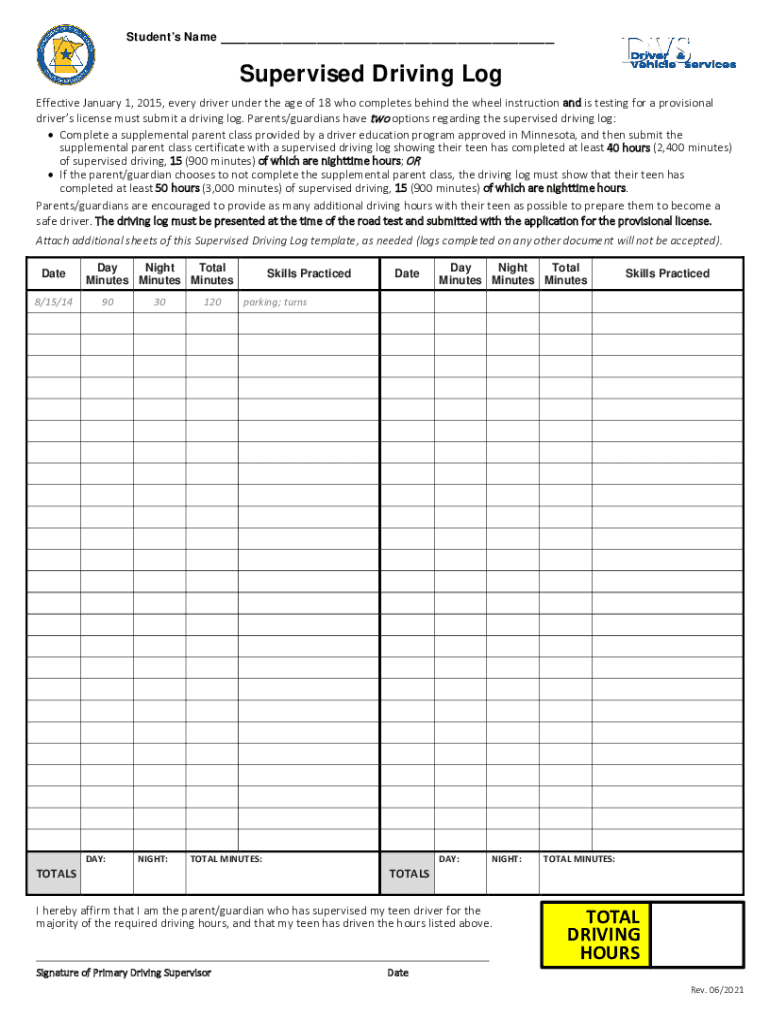 Form MN Supervised Driving Log Fill Online