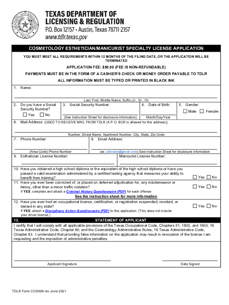  COS004 Cosmetology Esthetician Manicurist Specialty License Application 2021
