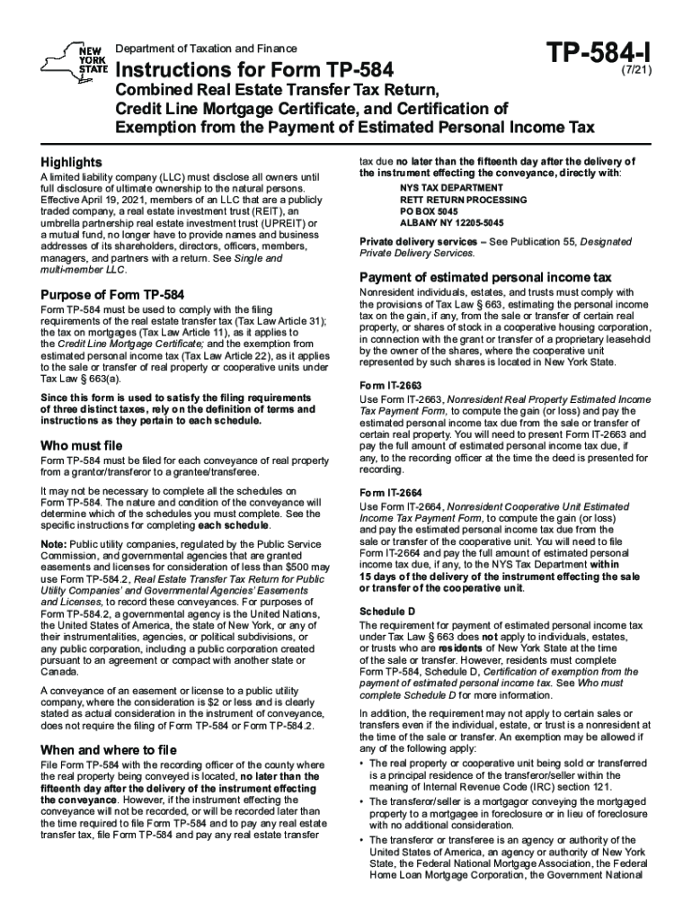  Form TP 584 I Instructions for Form TP 584 Combined Real Estate Transfer Tax Return, Credit Line Mortgage Certificate, and Certi 2021-2024