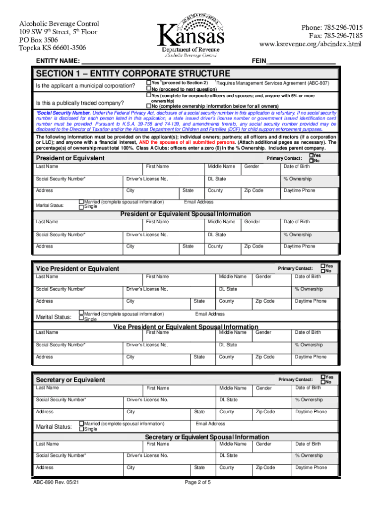  Kansas Liquor License Ownership ABC 890 ABC 890, Kansas Liquor License Ownership 2021