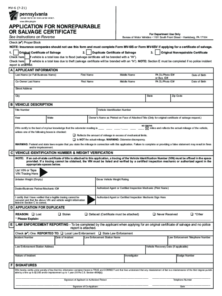  or SALVAGE CERTIFICATE 2021-2024