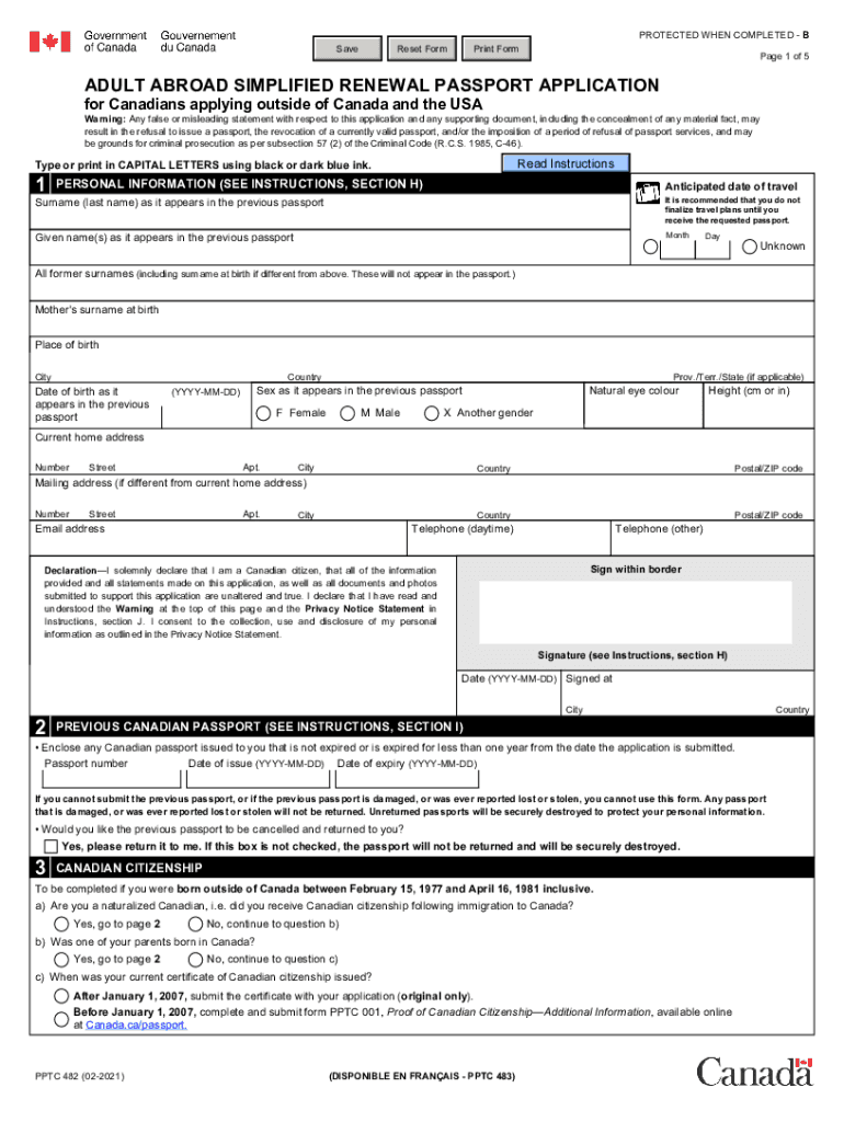 PPTC 482 E Adult Abroad Simplified Renewal Passport Application for Canadians Applying Outside of Canada and from the USA  Form