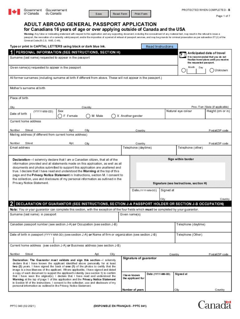  PPTC 040 E Adult Abroad General Passport Application for Canadians 16 Years of Age or over Applying Outside of Canada and the US 2021