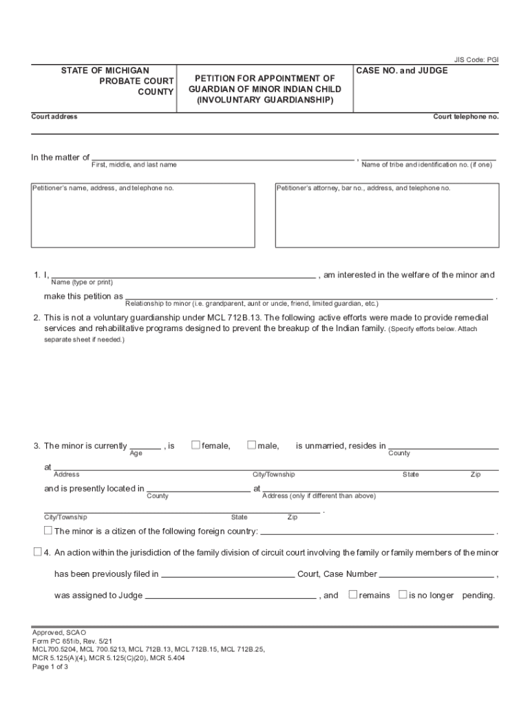  PC 651ib, Petition for Appointment of Guardian of Minor Indian Child Involuntary Guardianship 2021-2024