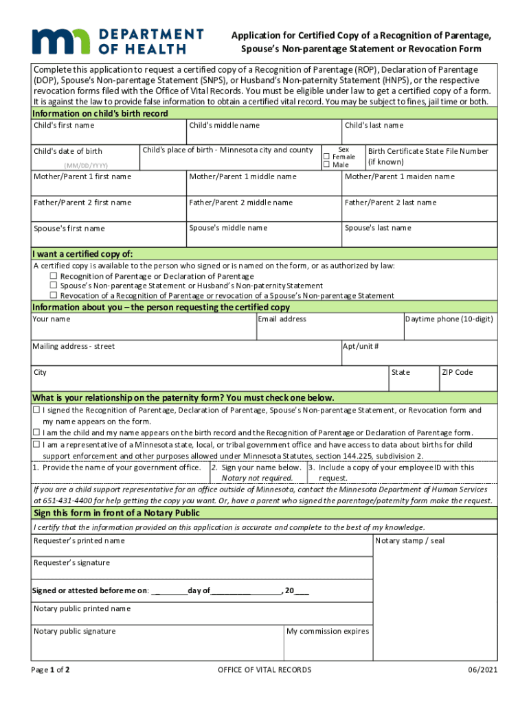  Application for Certified Copy of a Recognition of Parentage, 2021