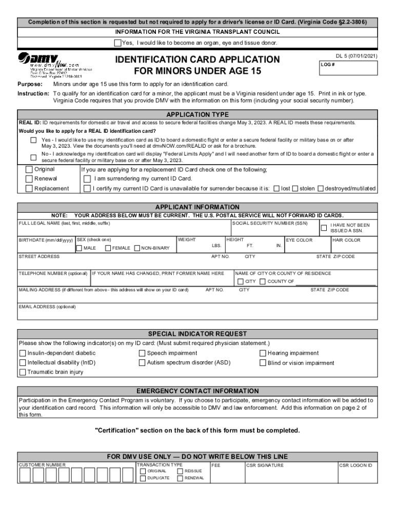 Minors under Age 15 Use This Form to Apply for an Identification Card