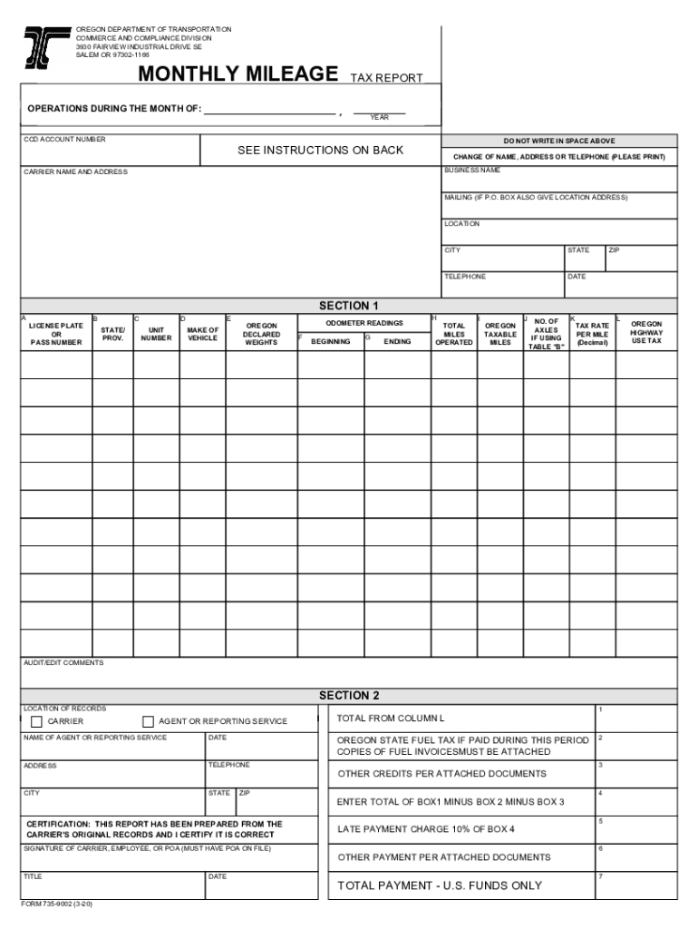 MONTHLY MILEAGE TAX REPORT Oregon Gov  Form
