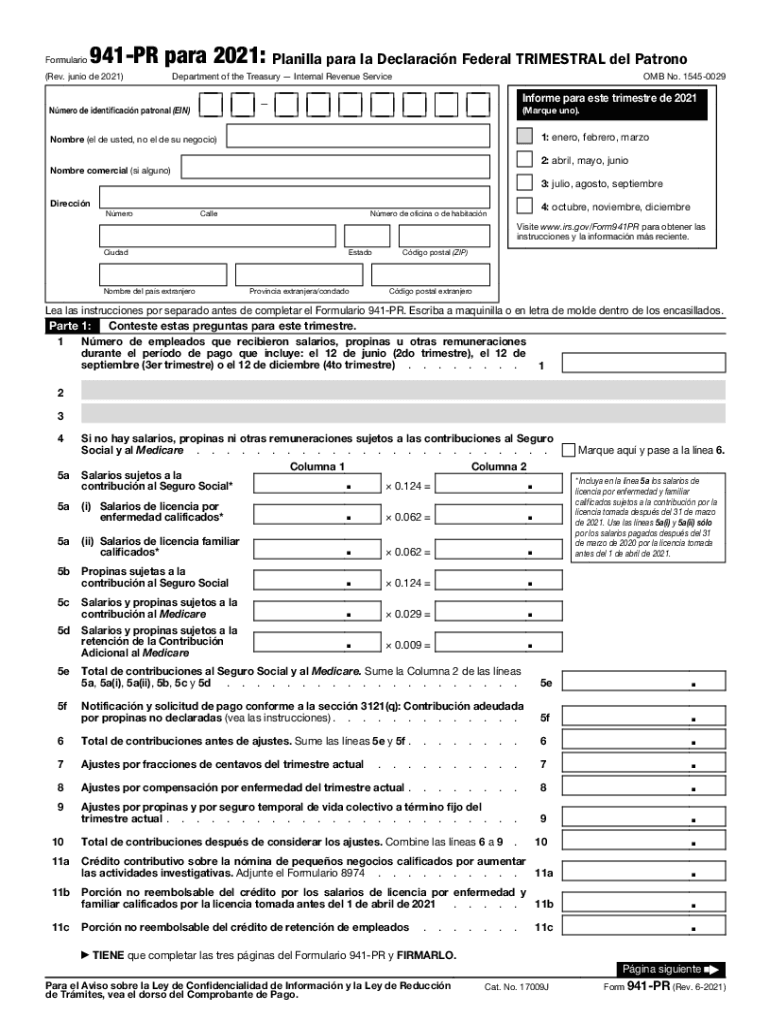  Form 941 PR Rev June Employer's Quarterly Federal Tax Return Puerto Rican Version 2021-2024