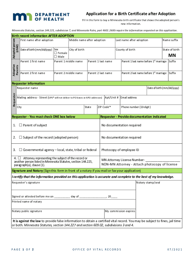 Fill in Buy the Adopted Person's Minnesota Department of Health  Form