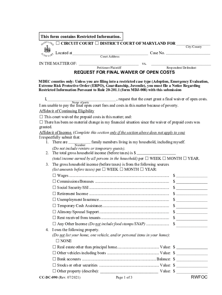 MDEC Counties Only unless You Are Filing into a Restricted Case Type Adoption, Emergency Evaluation,  Form