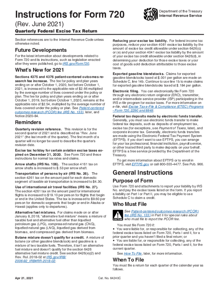  Instructions for Form 720 Rev June Instructions for Form 720, Quarterly Federal Excise Tax Return 2021