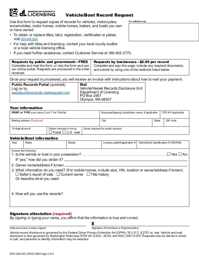 Vehicle Record Request Form to Request Copies of Records for Vehicles, Motorcycles, Snowmobiles, Motor Homes, Mobile Homes, Nd T