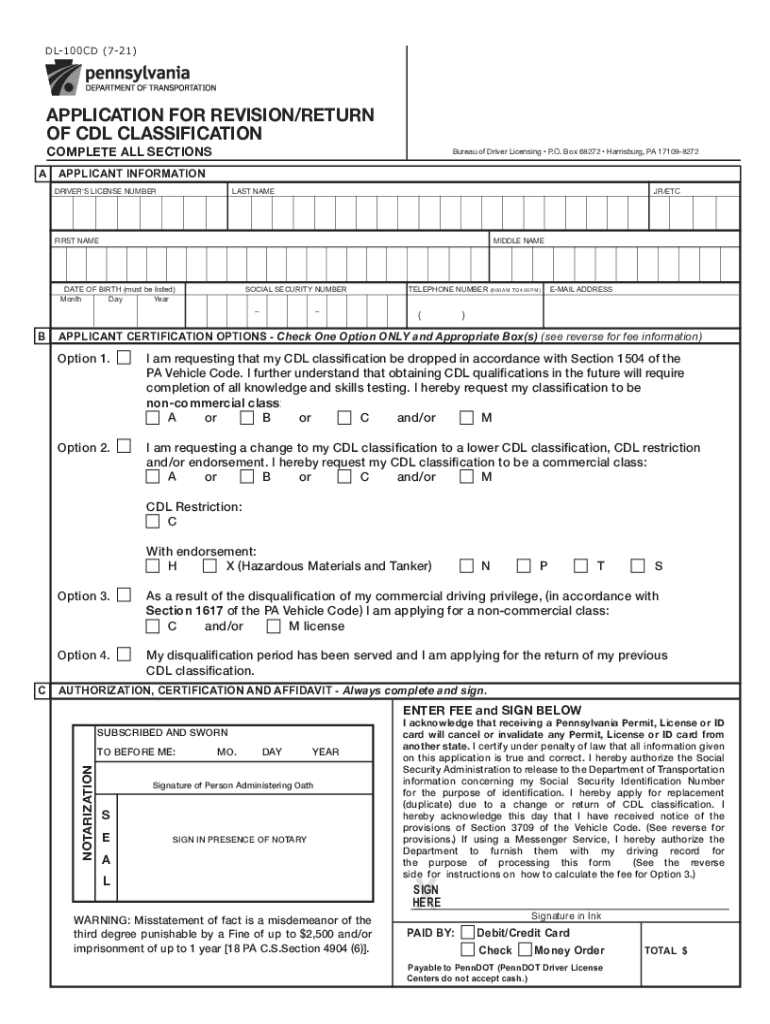 PennDOT Application for RevisionReturn of CDL Classification  Form