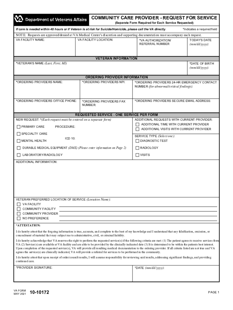 VA Form 10 10172 COMMUNITY CARE PROVIDER REQUEST for SERVICE