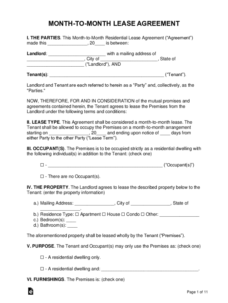 Month to Month Residential Lease Agreement  Form