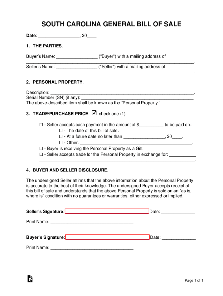 South Carolina General Personal Property Bill of Sale  Form