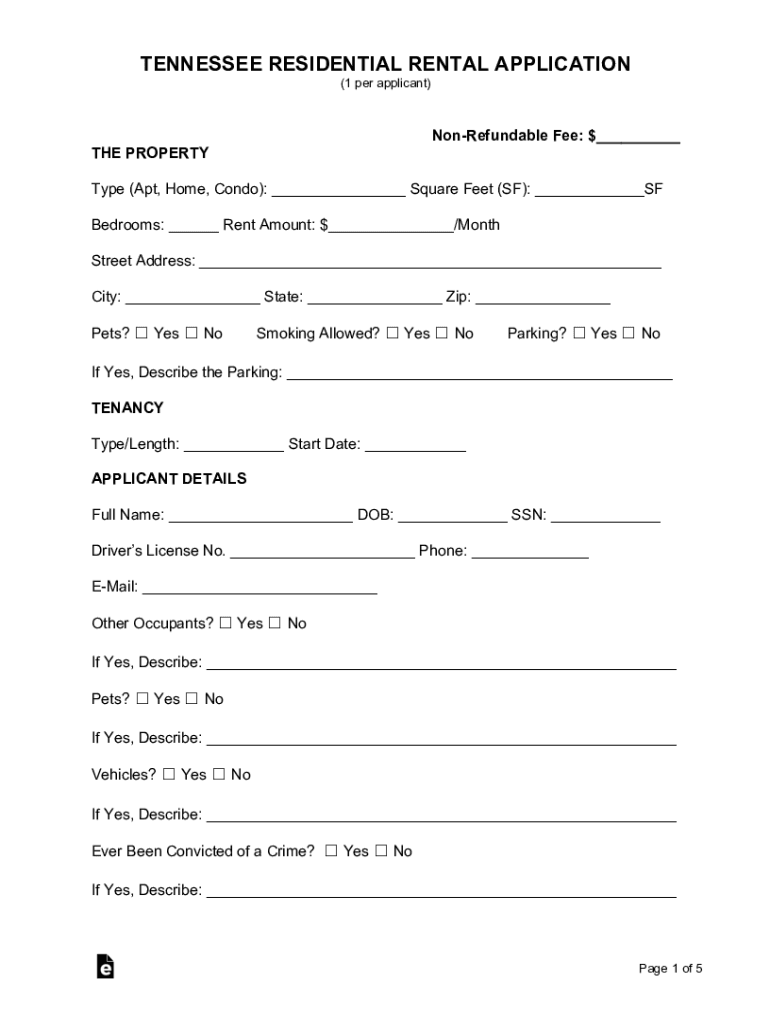 Tennessee Residential Rental Application  Form