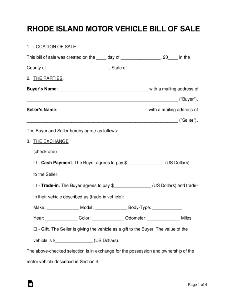 Rhode Island Motor Vehicle Bill of Sale  Form