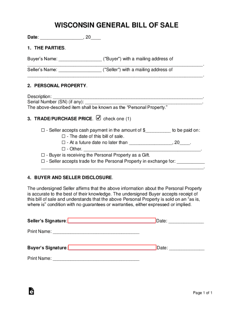 Wisconsin General Personal Property Bill of Sale  Form